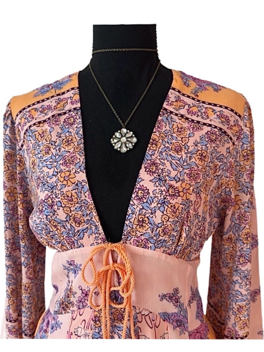 FREE PEOPLE ~ Long Flowy Sleeves Deep V Floral Multicolor Boho Dress fully Lined